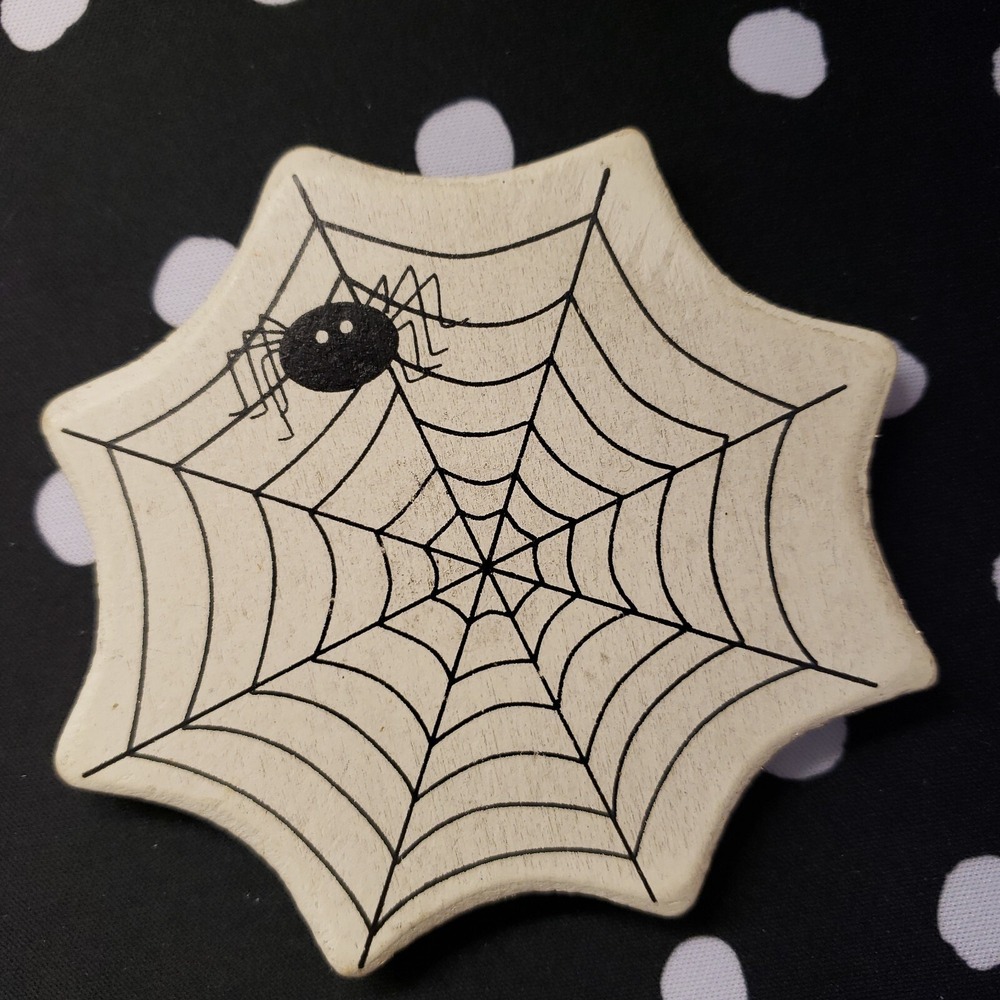 Primitive Halloween Wood Spider Spiderweb Fridge Magnet 3.5" - Pair of 2 Magnets